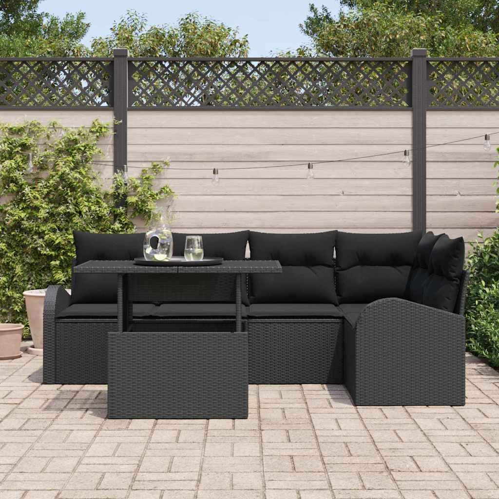 6 Piece Black Poly Rattan Garden Sofa Set with Cushions