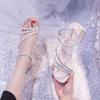 women cute sweet high quality silver crystal shining square heel sandal shoes lady fashion peep toe heel shoes ab587