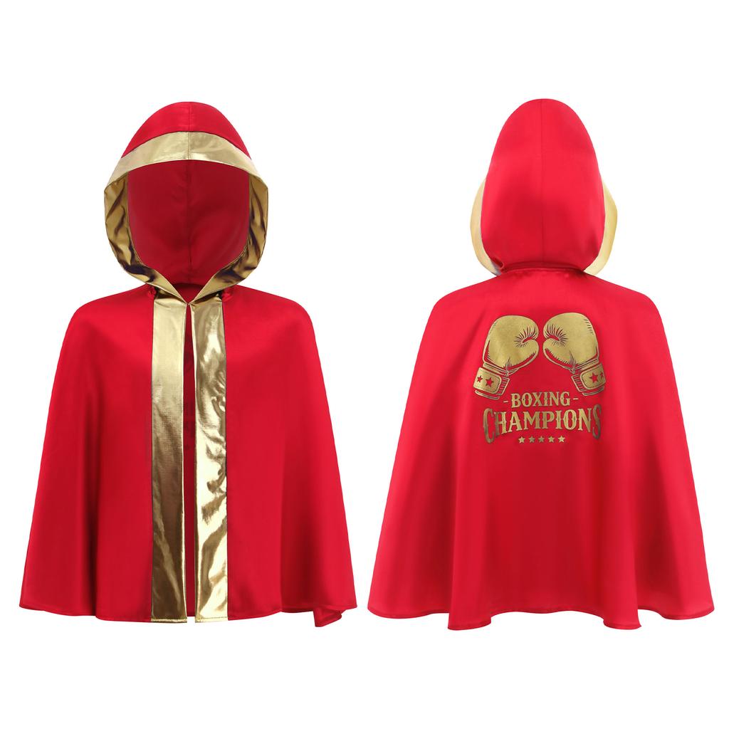 Kids Boys Girls Boxing Costume Halloween Cosplay Cloak Open Front Metallic Trim Letter Printed Back Hooded Boxer Robe