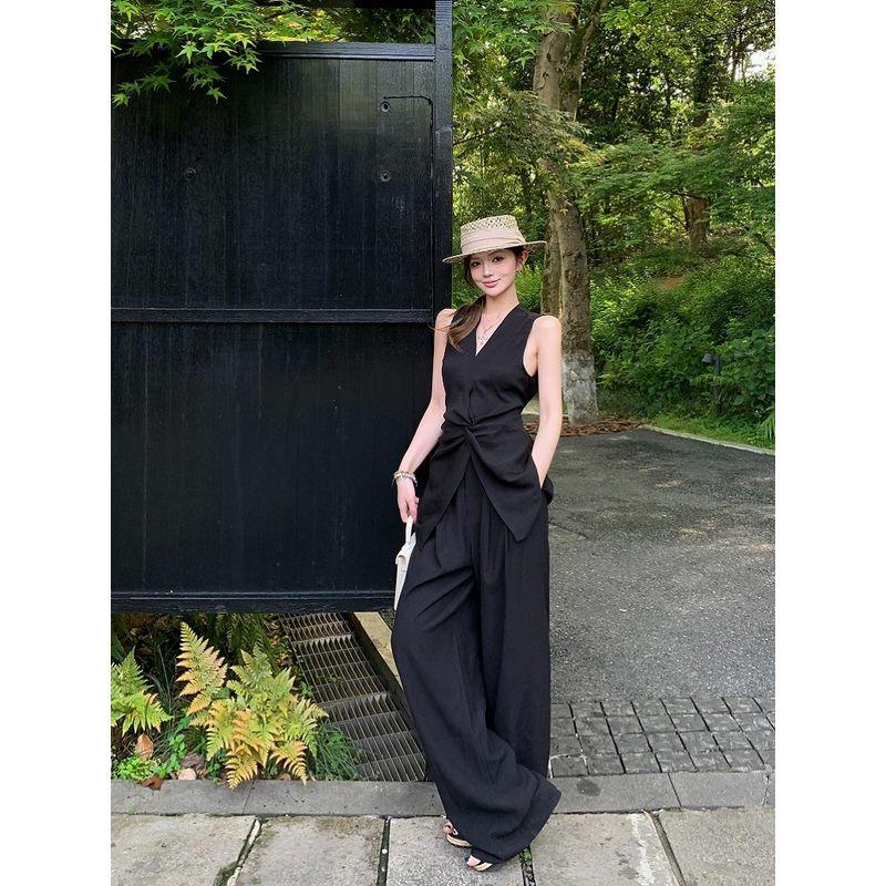 Kumikumi Casual White Suit Halterneck Vest Female Summer High Waist Drape Slim-Fit Wide-Leg Pants Two-piece Set