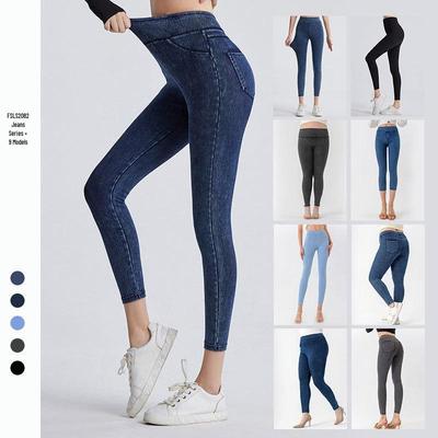 Hög midja, dubbla fickor, yogajeans — Smickrande, stusslyftande, stora storlekar, träningsbyxor
