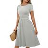 Women's Casual Fashion Round Neck Pleated Short Sleeve Solid Color A-Line Midi Dress