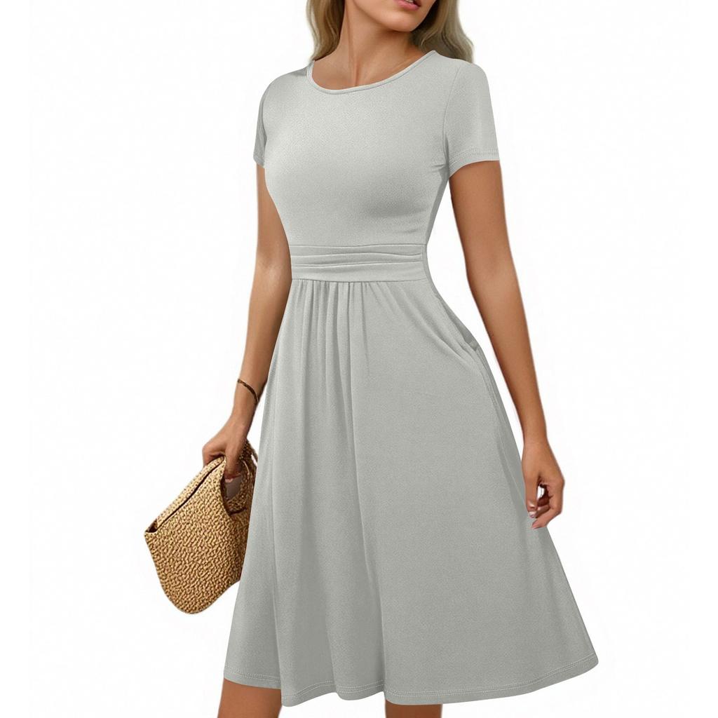 Women's Casual Fashion Round Neck Pleated Short Sleeve Solid Color A-Line Midi Dress