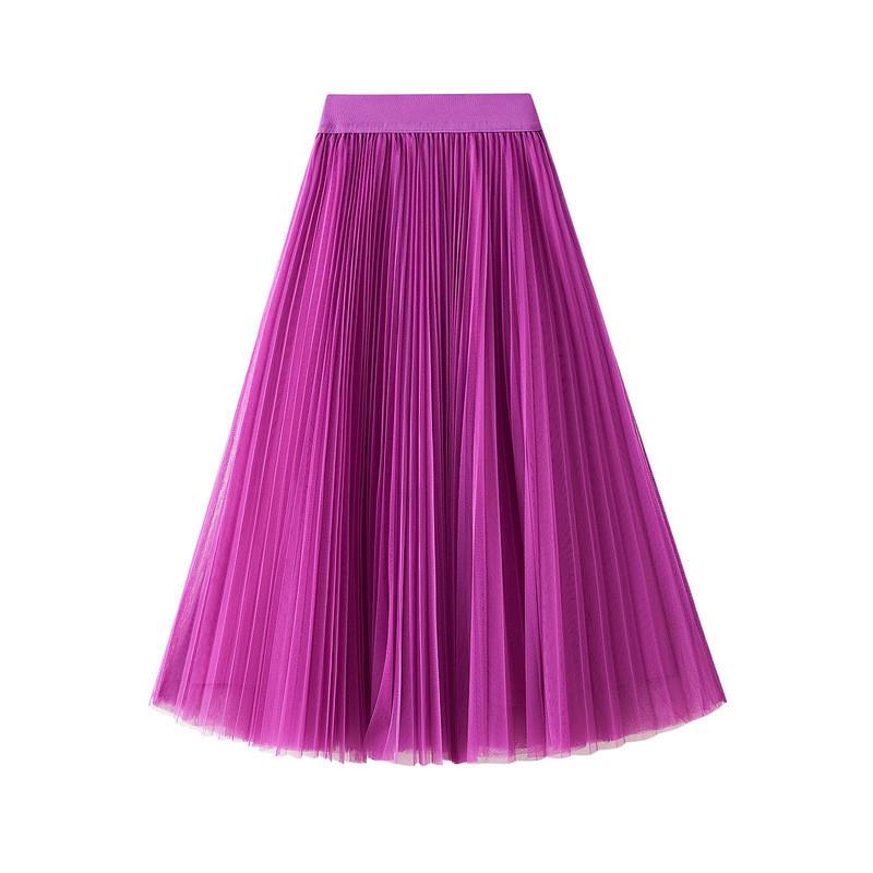 Qooth Elegant Women A Line Tulle Pleated Skirt Wide Hem Mid Length Elastic Waist Casual Skirt QT2691
