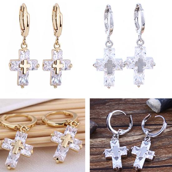 Women's Luxury Cubic Zirconia Dangle Drop Cross Hoop Earrings Banquet Jewelry