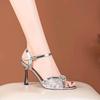 Fashion Banquet Temperament Sandals Summer New Round Toe Open Toe Rhinestone Mesh Breathable Slip Strap High Heels