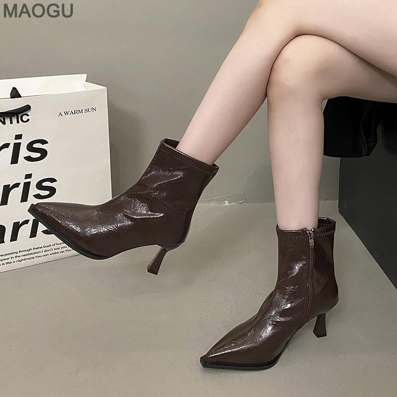 Side Zipper Pointed Toe Brown Short Boots for Women High Heel Ankle Boots Office Ladies Footwear Elegant Bottes Femmes Size35-40