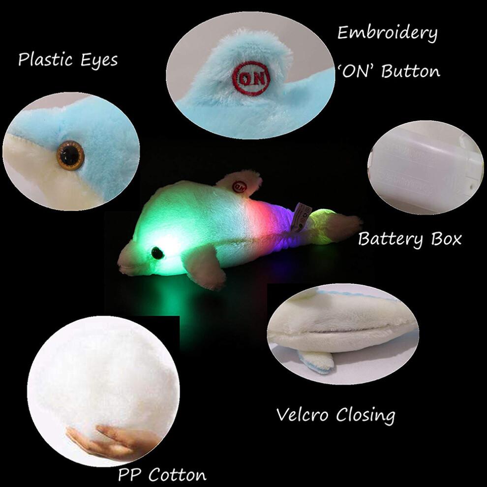 Light Up Stuffed Animal Dolphin Plush, Colorful Glowing Dolphin Soft LED Toy with Night Light Companion Adjustable Timer Function for Kids and