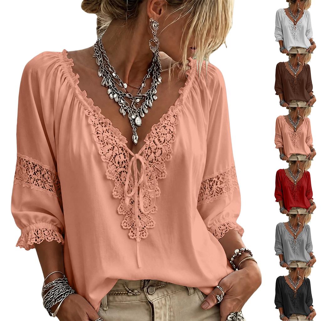 Camicetta Elegante da Donna con Scollo a V, Bordi in Pizzo, Patchwork e Maniche a Tre Quarti
