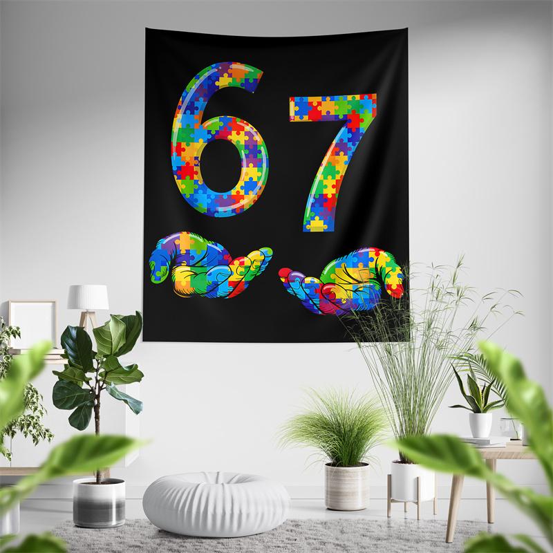 Aertemisi Six Seven Bruh 67 Autism Puzzle 6 7 Meme Tapestry Wall Hanging Art for Bedroom Living Room Decor Dorm