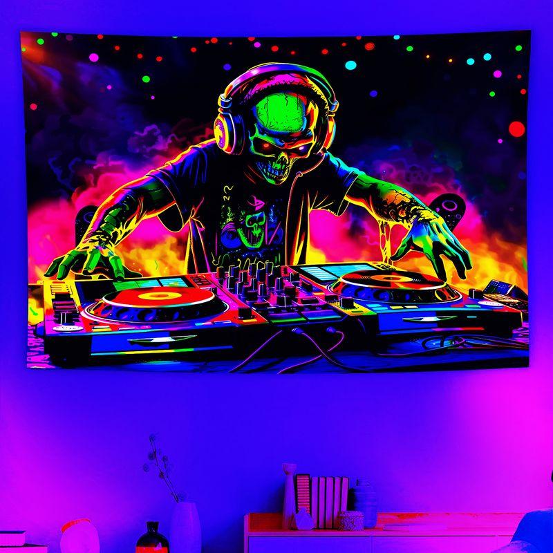 Skeleton DJ Discs Neon Spot Psychic Tapestry, Electronic Music Wall Art for Bedroom Living Room Party