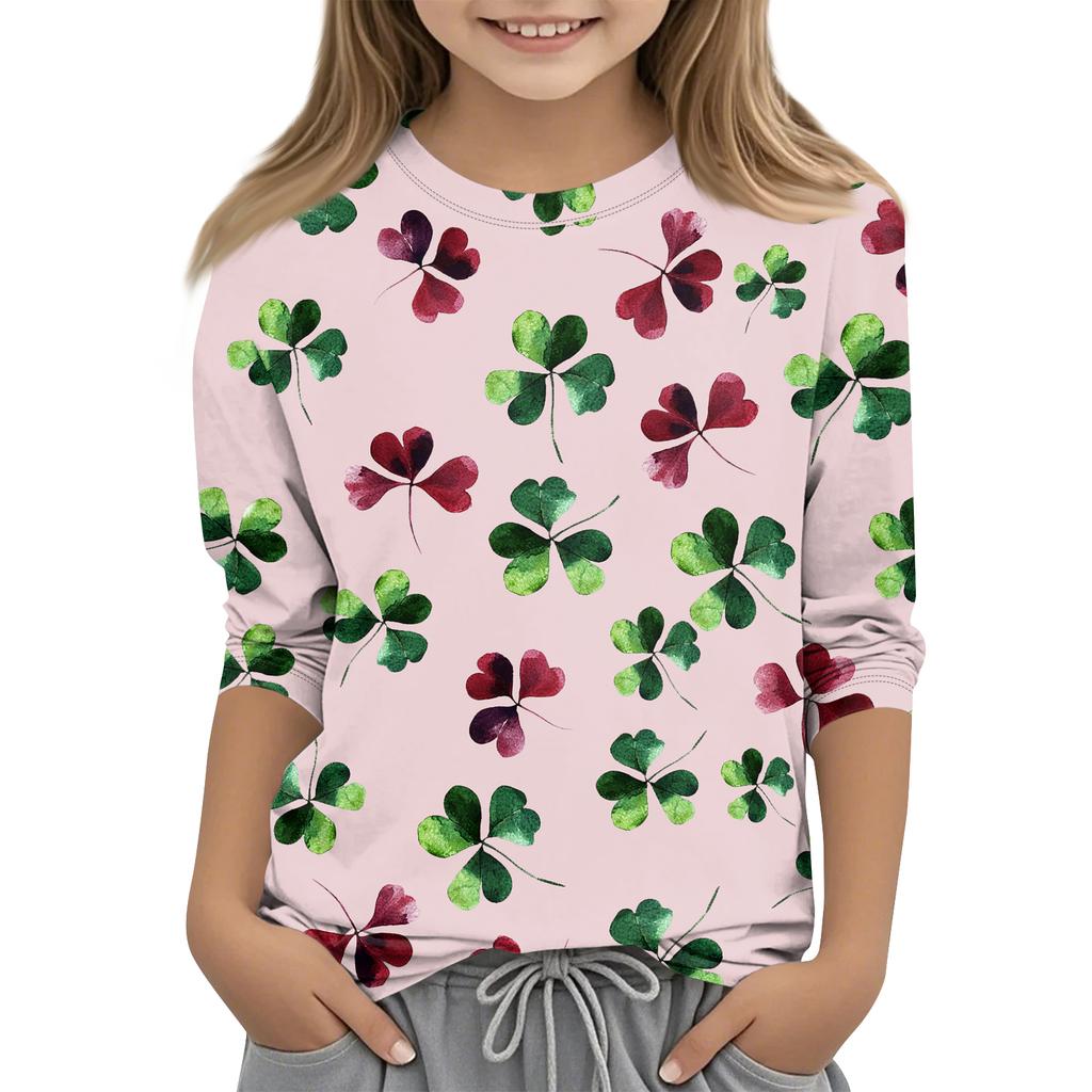 St. Patrick's Day Print Tops For Youth Girls 4-11 Years Round Neck 3/4 Sleeves T-Shirts Trendy Tops Outfit Tees