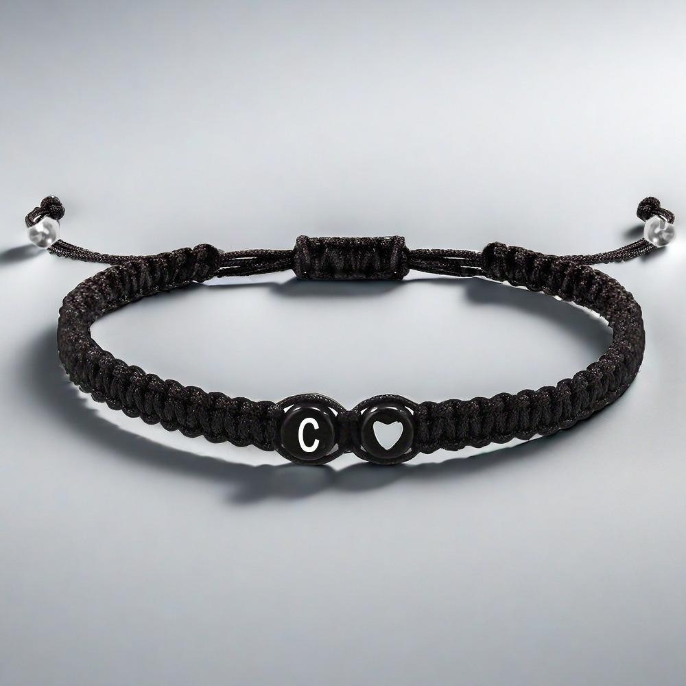 Adjustable Hand-woven Bracelet: Black with White Letter, Heart, Silver Bead - Choose from 26 English Alphabets.