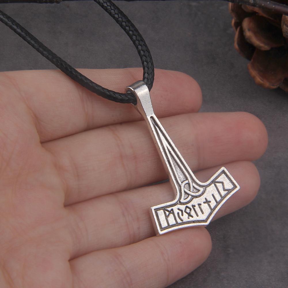 Viking Jewelry Antique Silver Thor Hammer Pendant Necklace with Cotton Chain Rune