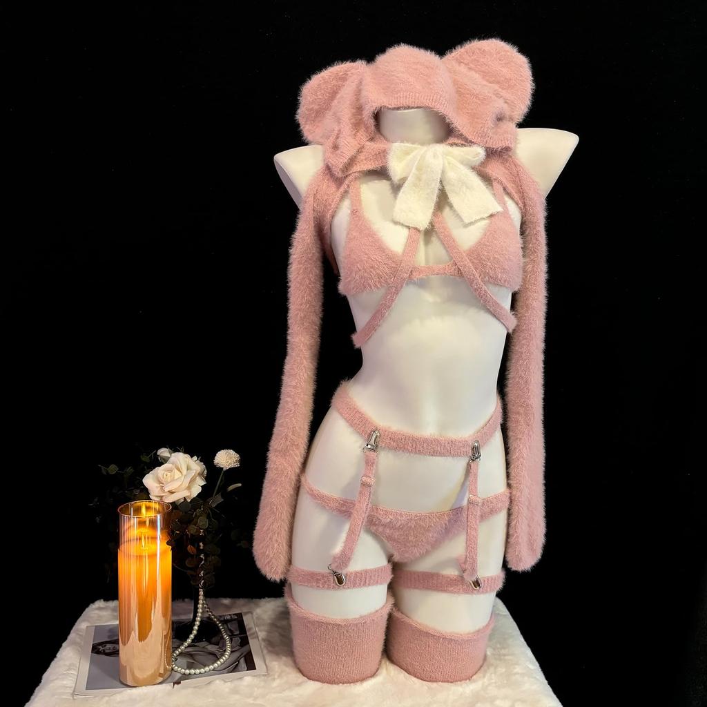 Sexy Bear Cosplay of Chest Pink Fluffy Moe Cat Cute Extremely Cute Small Breasts Babydoll Halloween Christmas Costume Pink One Size [SENMHS] (Set 12)
