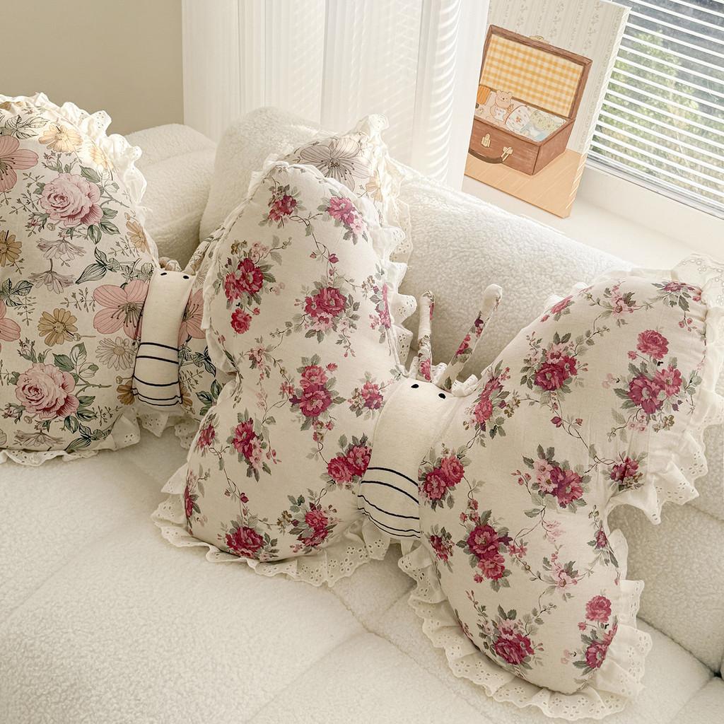 Cotton Linen Butterfly Embroidered Throw Pillow With Floral Pattern For Living Room Decor