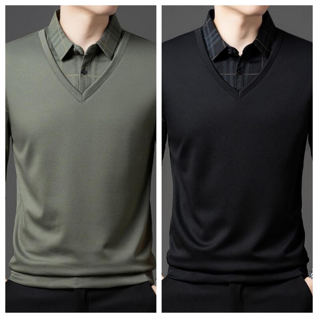 Men Fake Two Pieces Polo Shirts With Fleece Warm Winter Wear Casual Business Long Sleeve T-Shirts Autumn Clothing For Wholesales