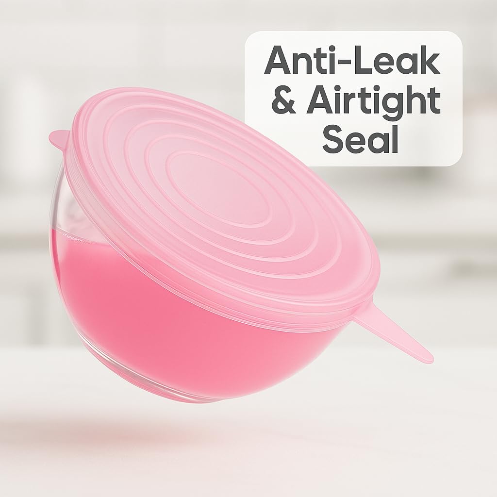 Silicone Stretch Lids Pink (6 Pack) Reble Airtight Food Covers for Bowls, Containers & Fruits |Elastic BPA-Free Stretchable Lids | Microwave, Freezer
