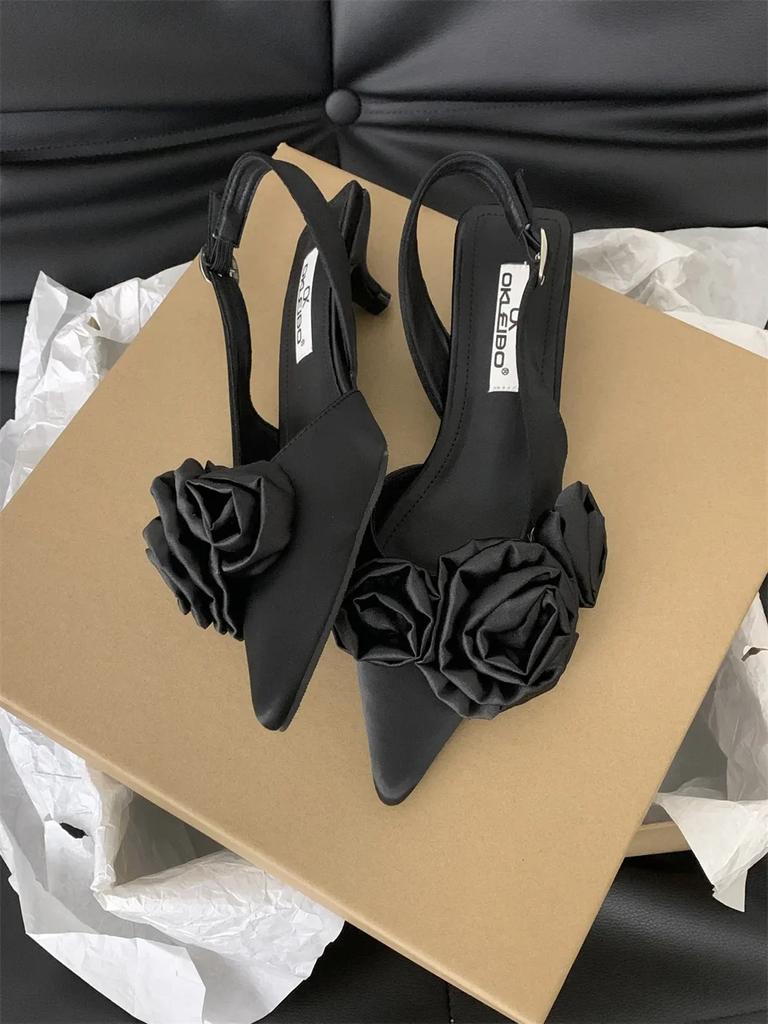 Fashion Elegant Woman Sandals High Heeled Sweet Rose Closed Toe Footwear 2024 Summer Slingback Pointed Fashion Dress Ladies Shoes