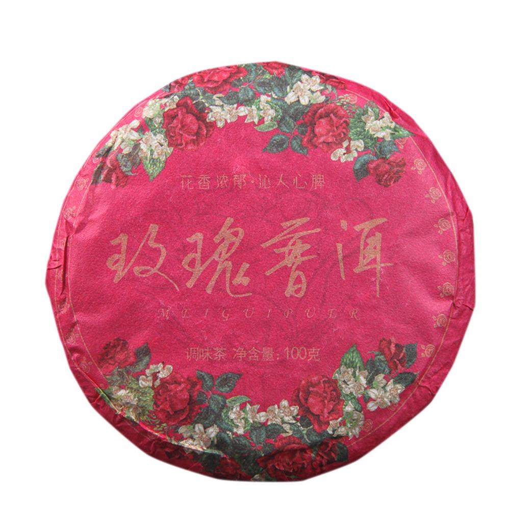1. 100g Chinese Yunnan Pu'er Cooked Tea Rose Flavor Healthy Green Food 2. 100g Yunnan Pu'er Tea Cooked Rose Health Green Food Promotion