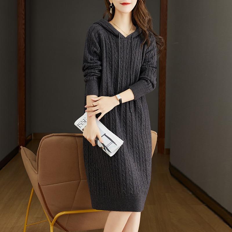 Hooded knitted sweater medium and long sweater skirt loose lazy hooded sweater women's dress new autumn and winter thick