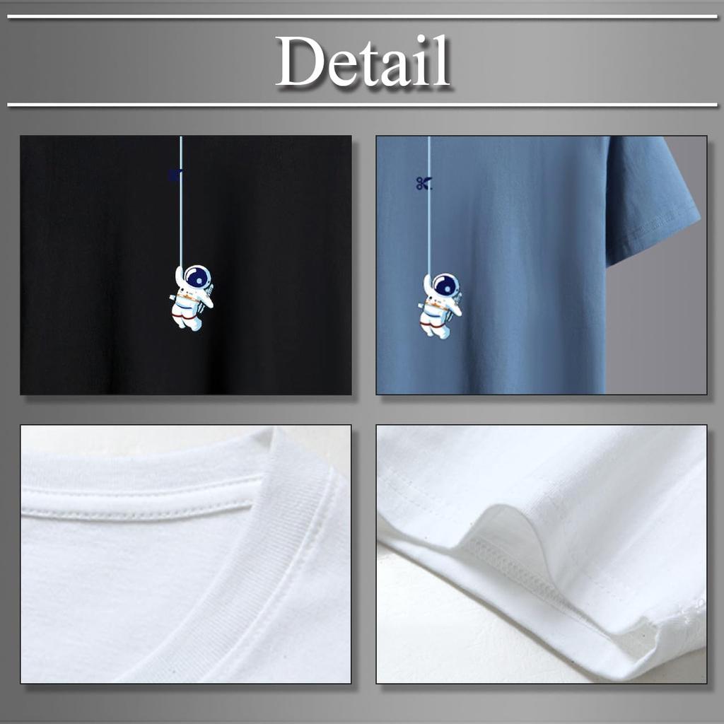 Buzz Selection Men's Short Sleeve T-Shirt, Space Suit Astronaut Design, Casual U-Neck Crew Neck, Innerwear, BSTS053 (Black, Size 2XL)