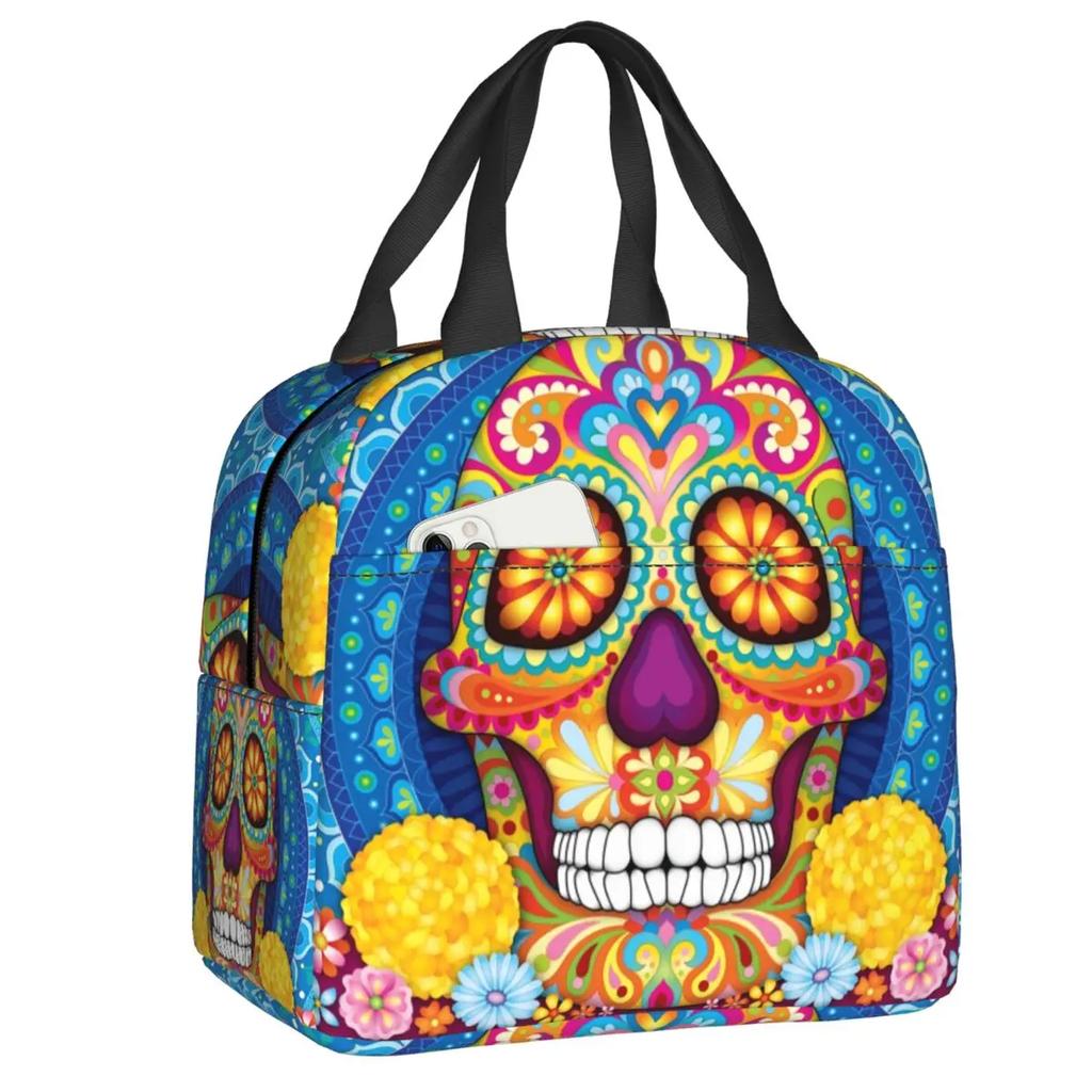 Mexican Sugar Skull Day Of The Dead Art Insulated Lunch Bags Women Resuable Thermal Cooler Food Lunch Box Outdoor Camping Travel