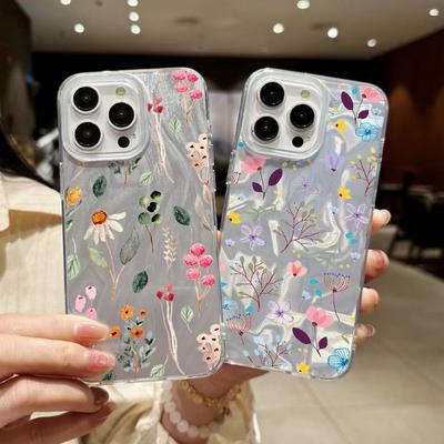 Clear Soft Edge Glitter Slim Phone Case For iPhone 16 Pro Max 15 Pro 14 13 12 11 Floral Pattern Feather Sparkling Shockproof Hard PC Back Cover