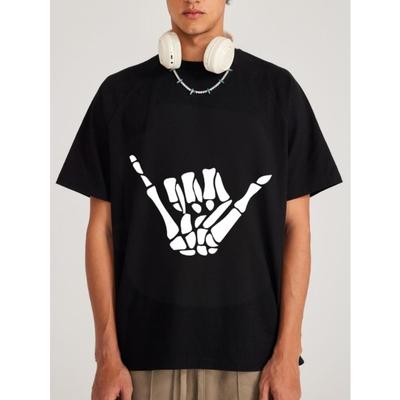 Schwarzes Oversized T-Shirt mit weißem Skeletthand-Rockzeichen-Print Lässige Streetwear für Männer und Frauen