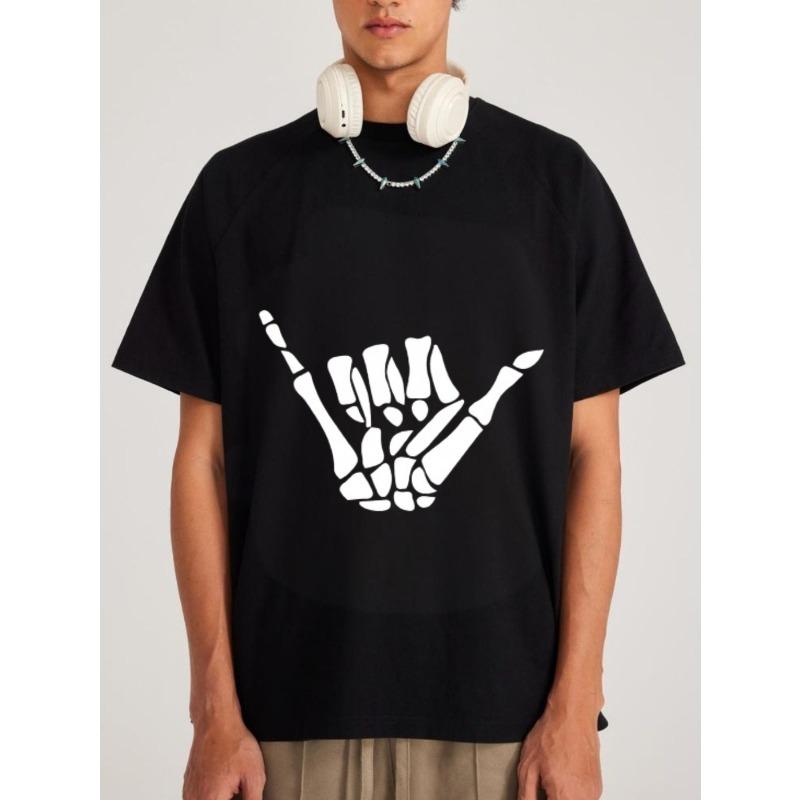 Black Oversized T Shirt With White Skeleton Hand Rock Sign Print Casual Streetwear For Men And Women