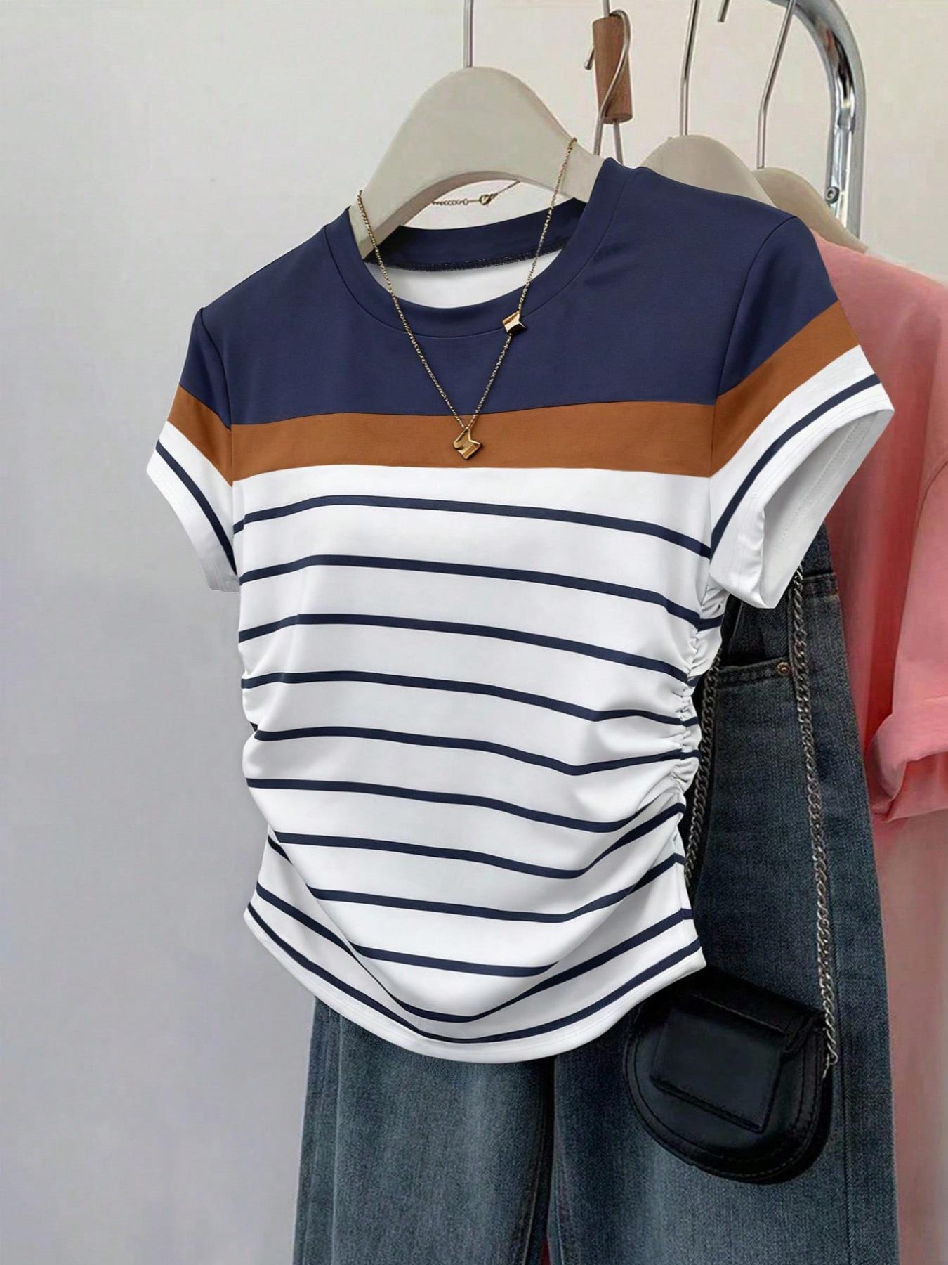 2026 Women s Striped Slim-Fit Pleated Round Neck Short Sleeve T-Shirt M синий