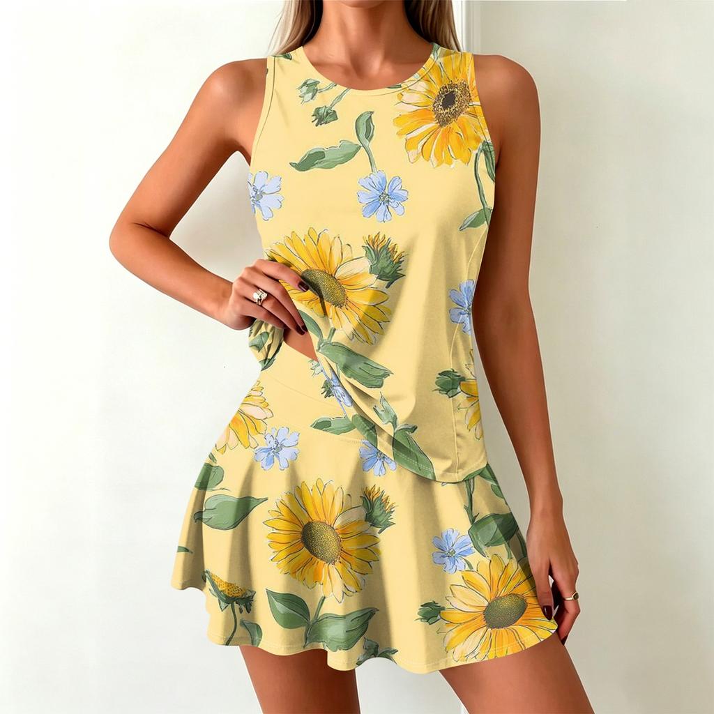 Womens Tennis Dress Athletic Golf Dress with Built in Shorts Pocket Sleeveless Floral Print A Line Sports Dress