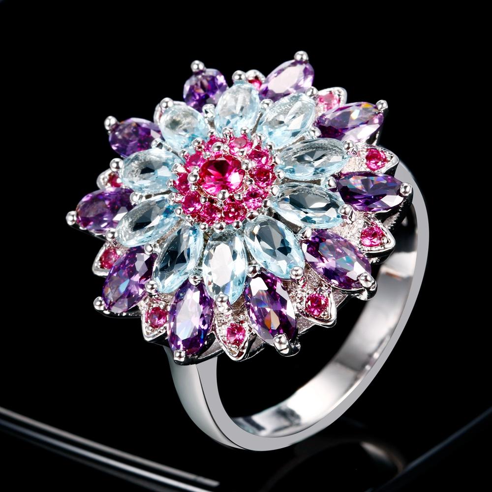 AIOSC New Design Multicolor Gemstone Flower Shape Wedding Rings, CopperColor Jewelry Ring for Women Jewelry Gifts