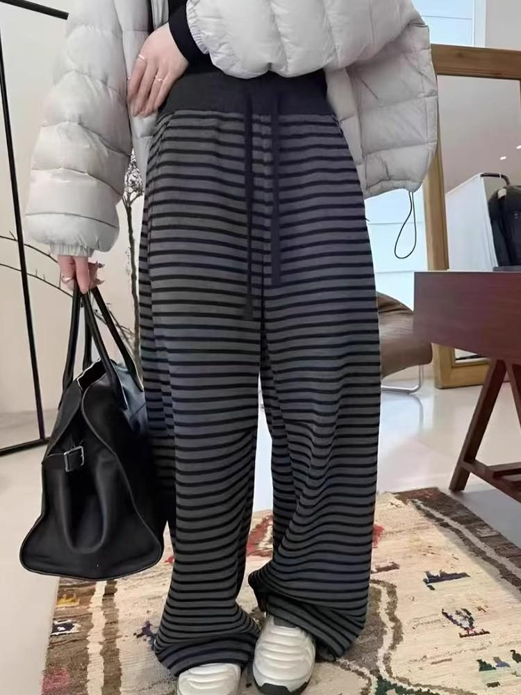2026 European Striped Fleece-Lined Wide-Leg High-Waist Floor-Length Women's Trousers