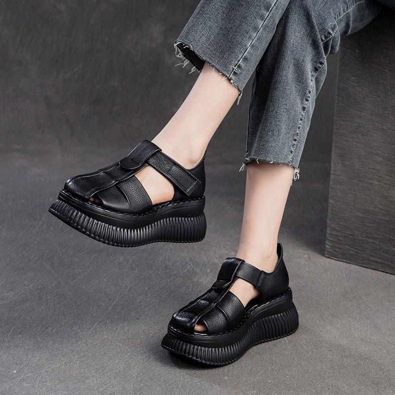Fashion GKTINOO Woman Sandals Summer Wedge Sandals Casual Cutout Genuine Leather Women Shoes Female Ladies Platform Retro Sandalias