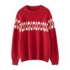 Women's Round Neck Thick Jacquard Cashmere Sweater - Loose Red Fashion Knit for Autumn/Winter