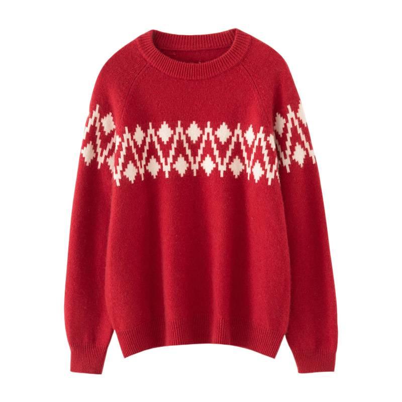 Women's Round Neck Thick Jacquard Cashmere Sweater - Loose Red Fashion Knit for Autumn/Winter