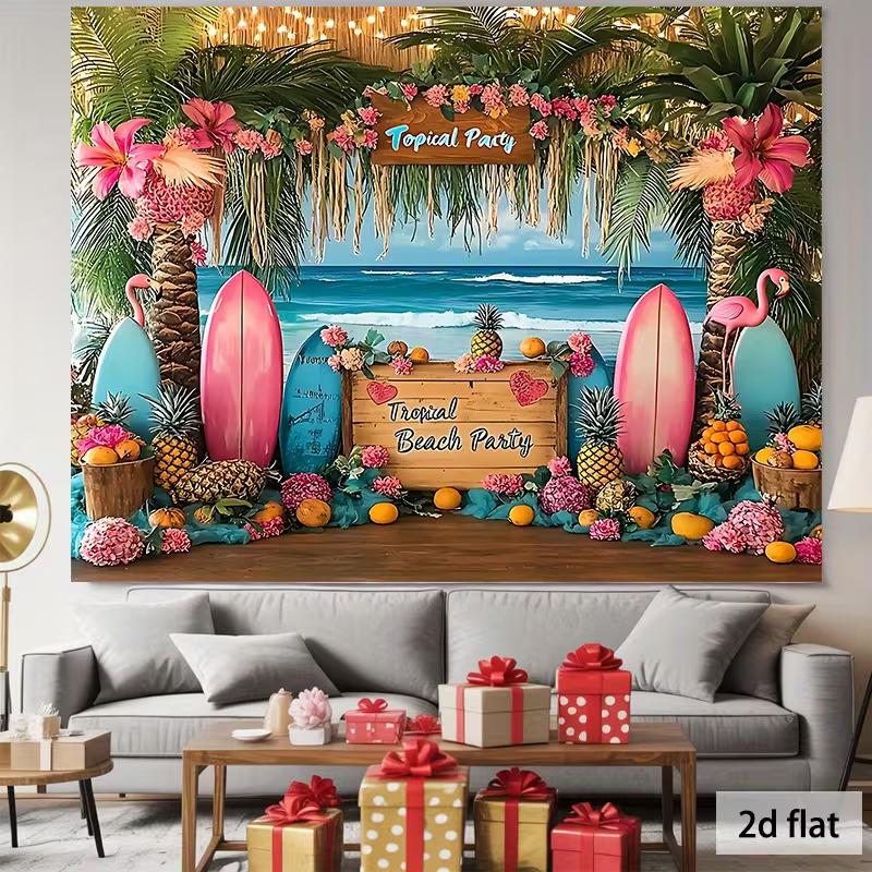 2D Luau Themed Backdrop - Flamingo Pineapple Surfboard Photography Background for Hawaiian Events