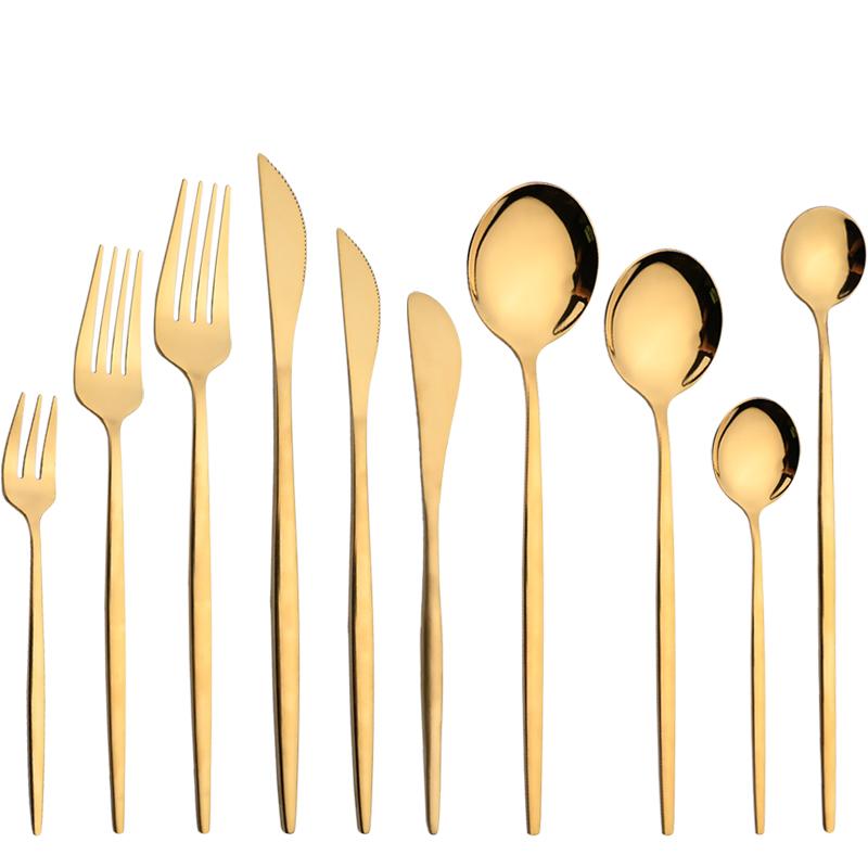 10Pcs Gold Dinnerware Sets Knife Fork Long Handle Spoons Dessert Flatware Mirror Cutlery Stainless Steel Tableware Silverware