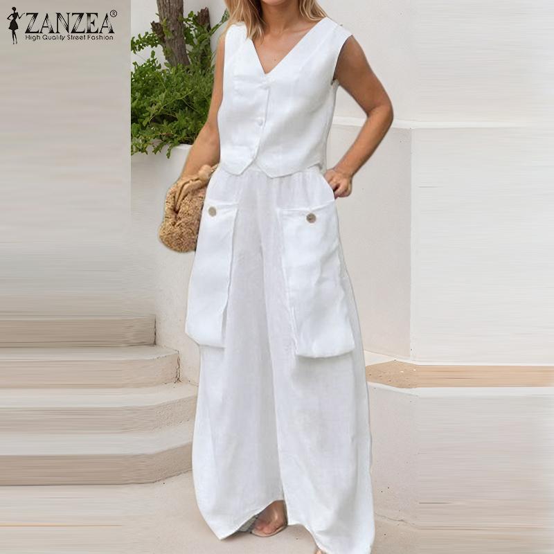 

ZANZEA Жіночий повсякденний костюм з двох частин, топ без рукавів та штани 5XL темно-синього кольору