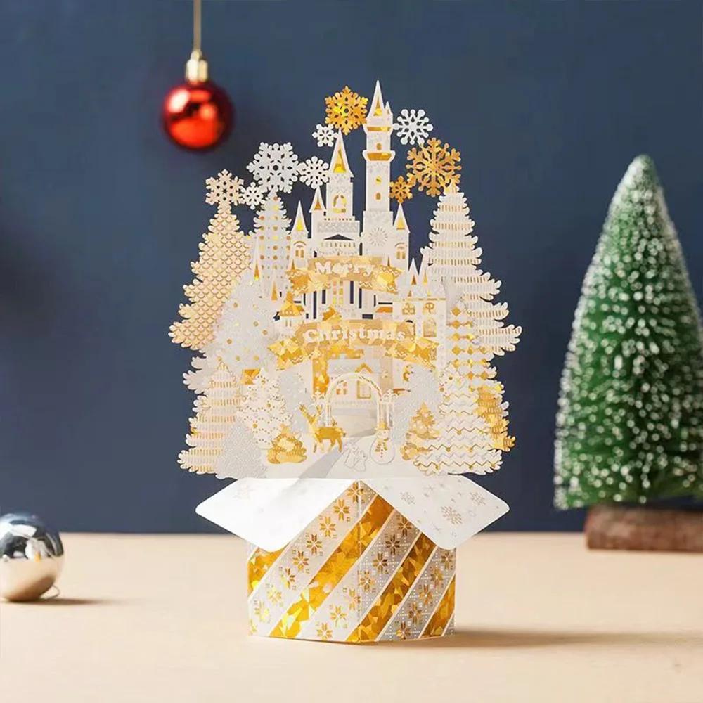 Paper Christmas 3D Greeting Card with Envelope Craft Merry Christmas Blessing Cards Gold Plated Pop Up Paper Carving Postcard