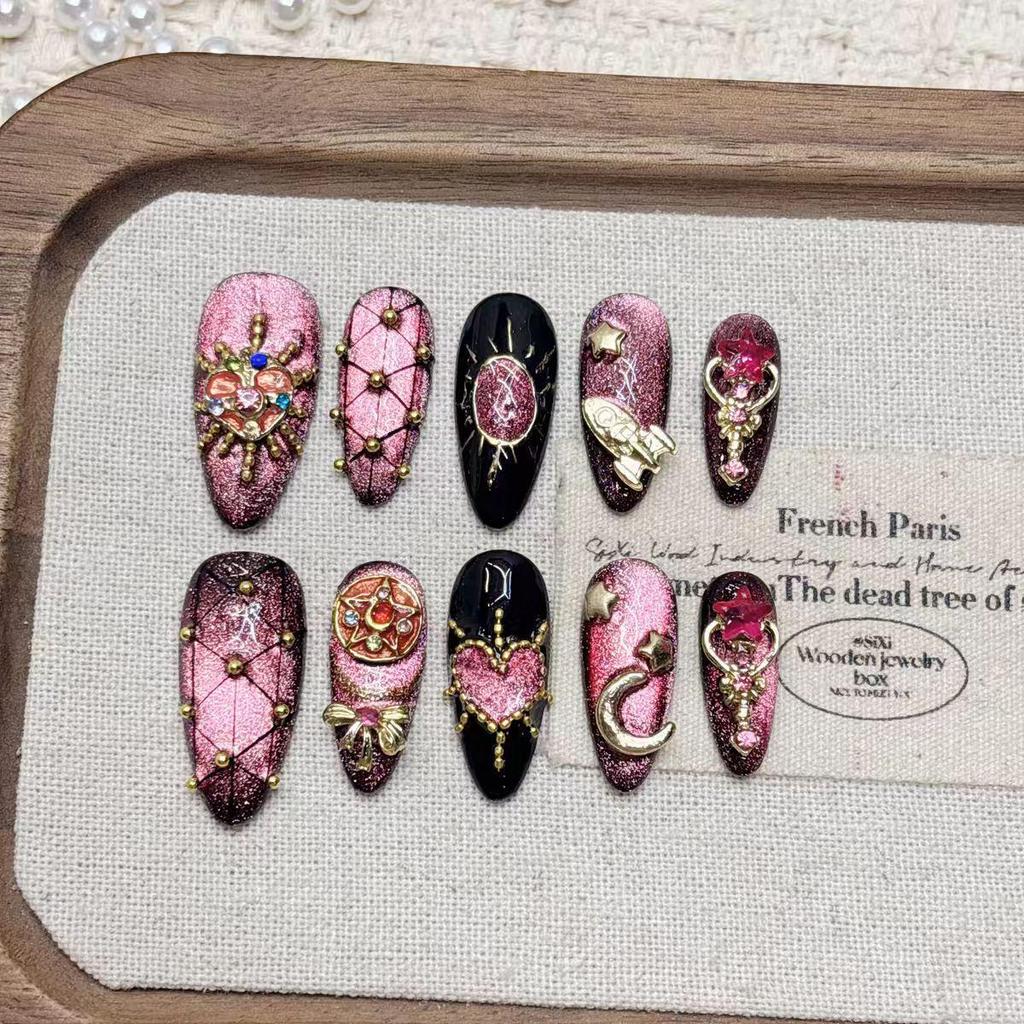 Gradient Cat Eye Purple Sailor Moon Fake Nail Tips - Medium Length Pointed Manicure, Pure Handmade Wearable Nails