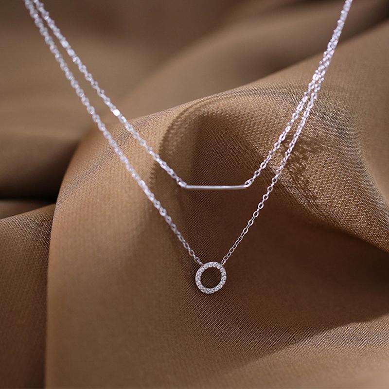 Collier en argent sterling 925 avec pendentif rond en cristal et chaîne à maillons double couche pour filles et femmes