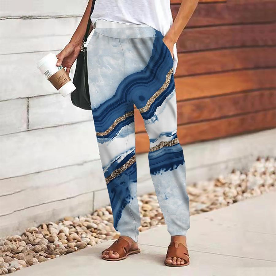 Women Marbling Printing Pants Lace Up Elastic Waist Loose  Trousers Casual Long Pants Trousers with Pockets