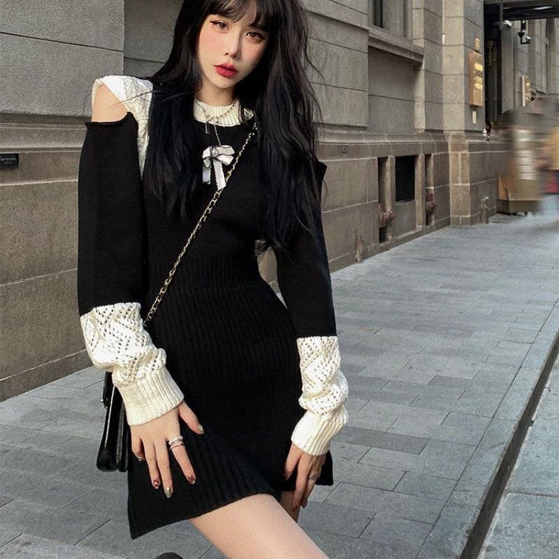 Abito avvolgente a maniche lunghe per donne fuori spalla lavorato a maglia  casual stile coreano gotico nero abito da sera temperamento sexy mini  vestito acquista in modo economico — spedizione gratuita, recensioni