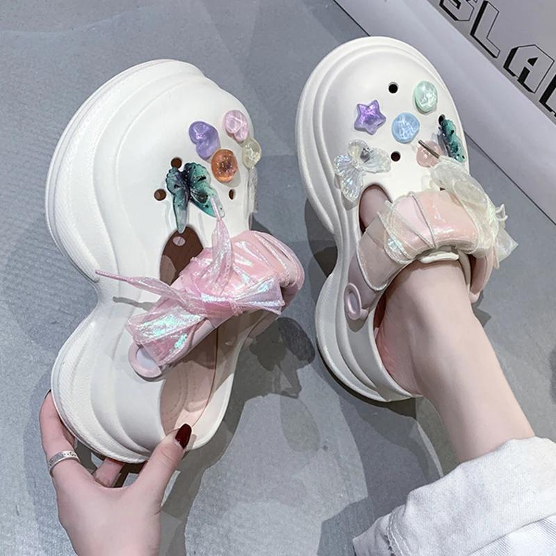 Fashion Lace Bow Chunky Platform Sandals for Women 2025 Summer Thick Bottom Eva Garden Slippers Woman Fashion Color Beads Beach Sandals