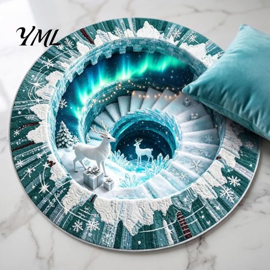 Soft Crystal Velvet Mat 3D Optical Illusion Round Christmas Rug, Cute Santa Claus Floor Mat, Holiday Area Carpet Vivid Printed Circular for