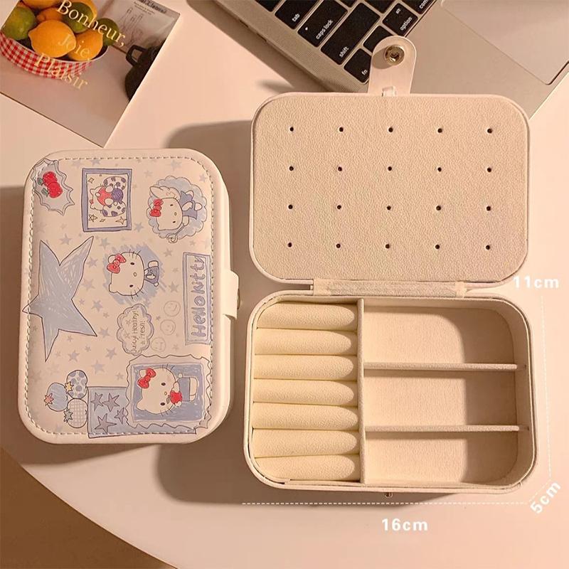 Kawaii Hello Kitty Jewelry Box Earrings Portable Necklace Ring Cute Pu Leather Storage Box Travel Mini Compact Accessory