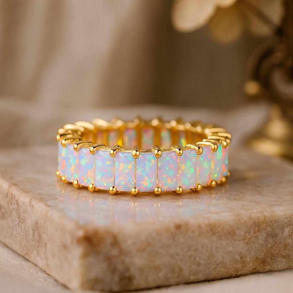 Yellow Gold Plated Opal Eternity Band – 925 Sterling Silver Full Eternity Ring – October Birthstone Bridal Wedding Jewelry Gift for Her