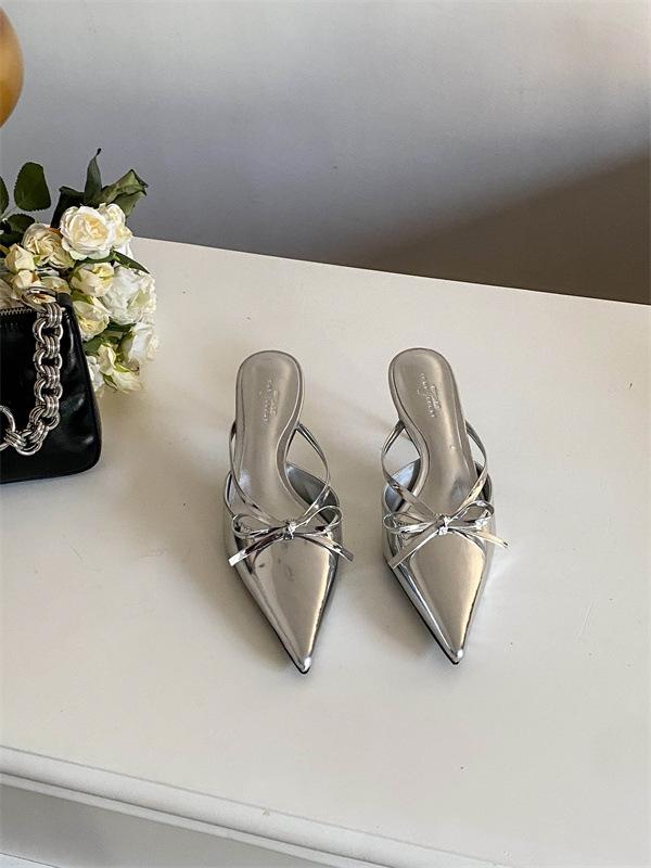 

2025 spring and summer new French fashion pointed head thin heel women s shoes bow versatile thin high heel sandals 40 серебряный